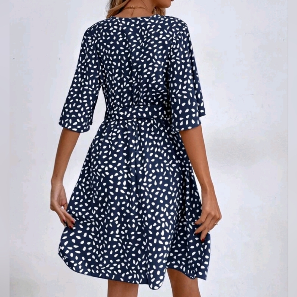 New Boho Short Flutter Sleeve Wrap Front Dress Belted Navy Blue White - Picture 5 of 8